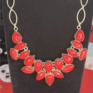 Sterling Silver with Red and Gold Bib Necklace with Vibrant Stones